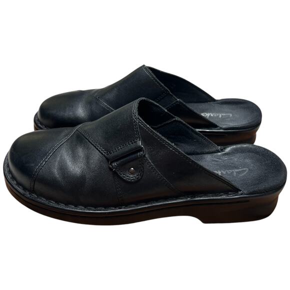 CLARKS Patty Nell Women's 9M Black Leather Clogs Mules Slip On Shoes Comfort - Picture 1 of 13